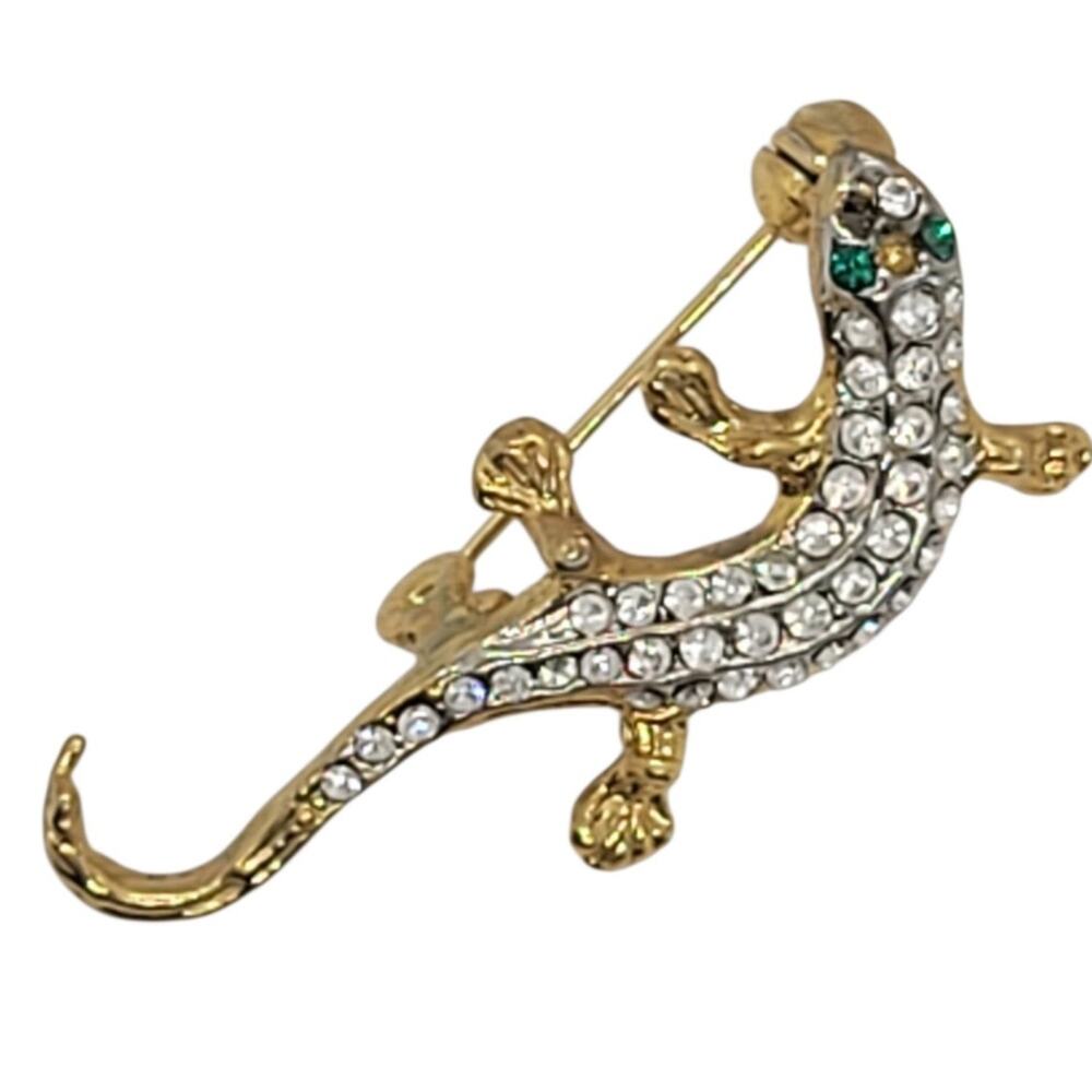 Vintage Rhinestone Lizard Brooch Gold Tone Naturecore Statement Pin